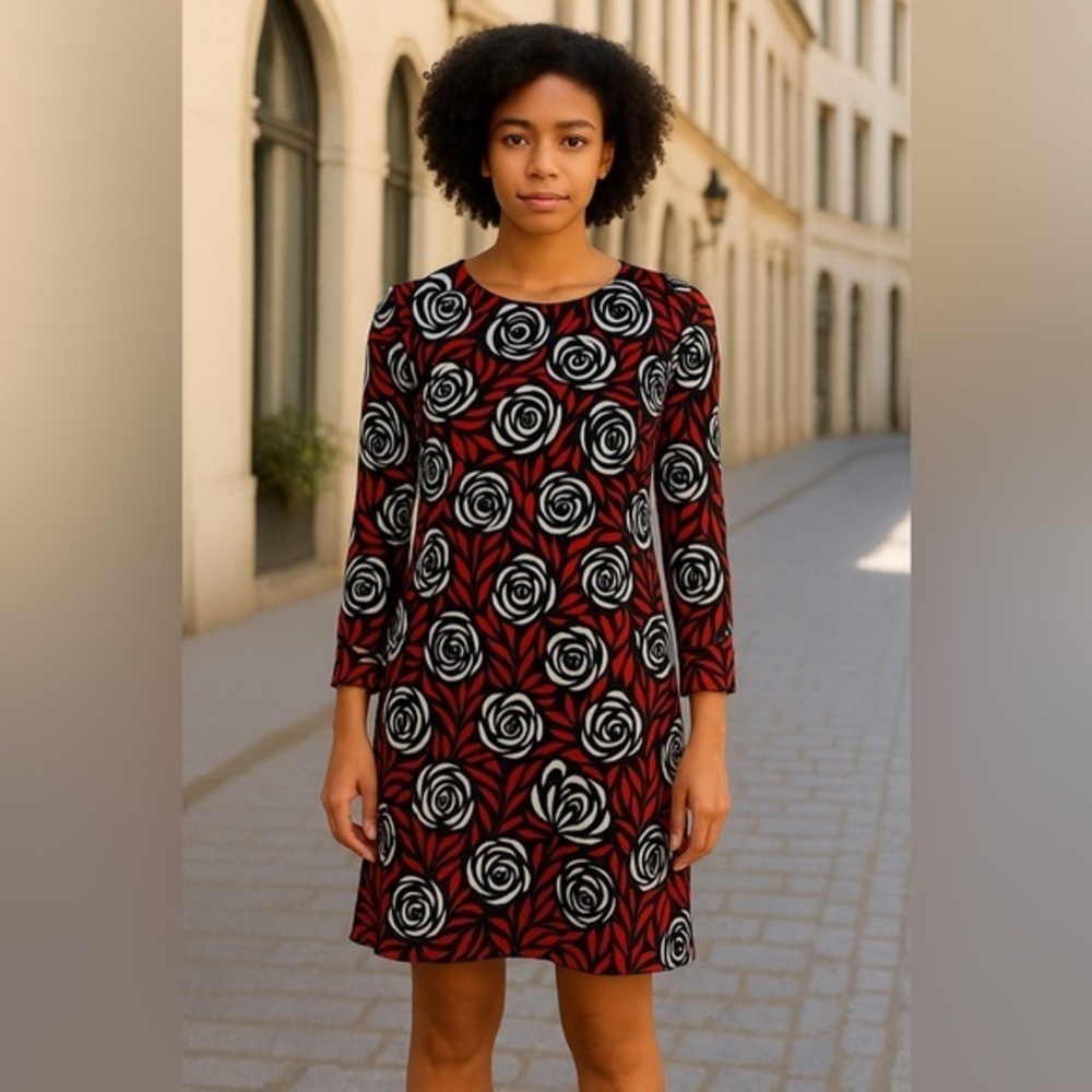 LOFT Outlet Abstract Floral Dress | Red Black White Print Shift EUC L #1291